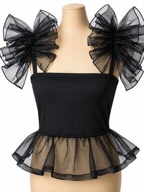 AKIRA Black Tulle Ruffle Shoulder Peplum Top Size L